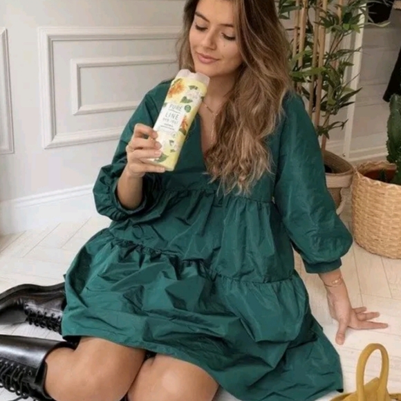 ZARA Green Voluminous Tiered Babydoll Taffetta Mini Dress - Picture 4 of 13